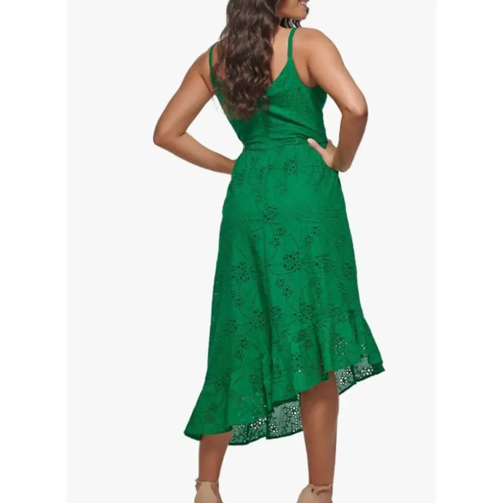 Guess Cotton Eyelet Asymmetric Midi Dress Women Size‎ 8 Green Contemporary Party